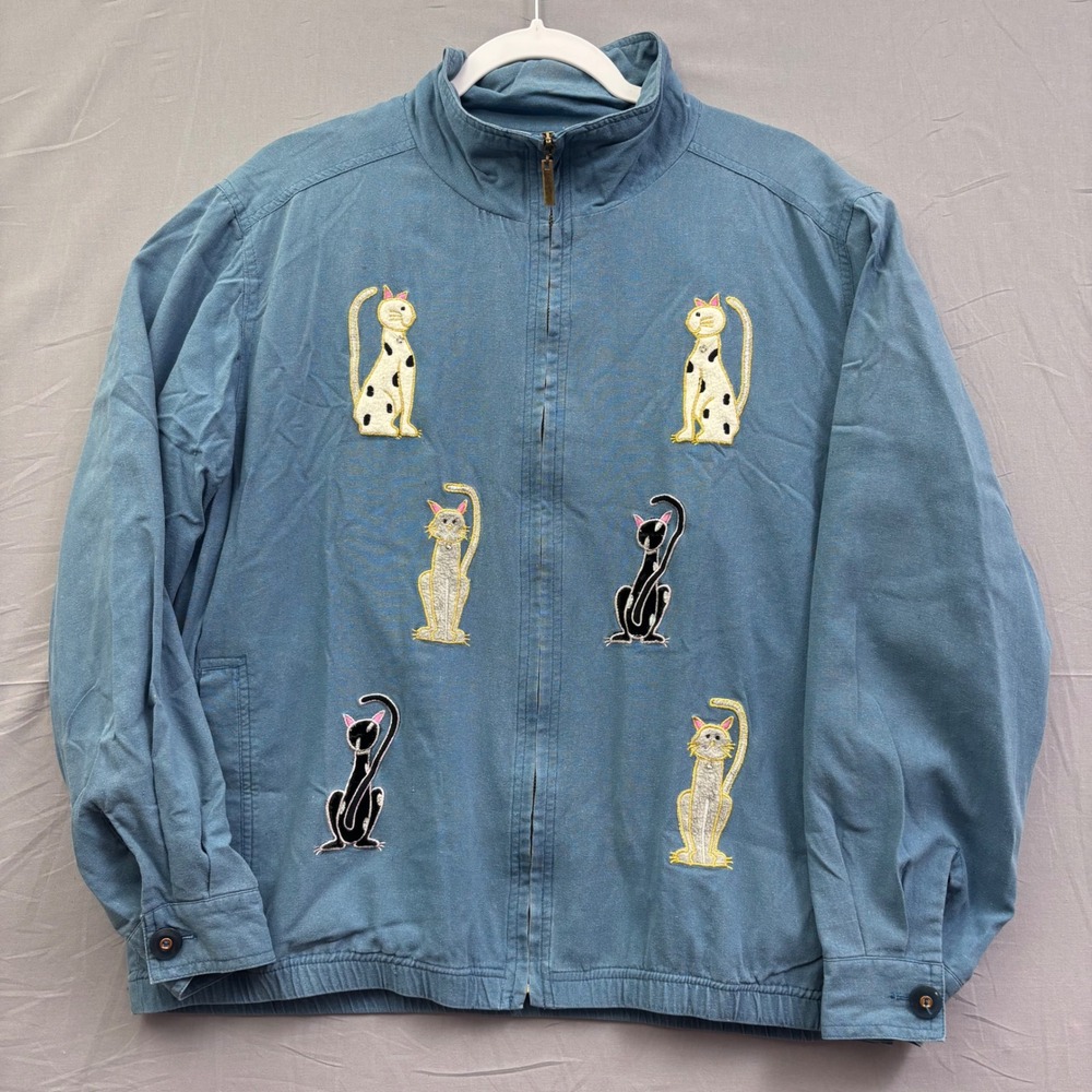 EVR Silk Embroidered Cat Jacket Blue Zip Up Mock Neck Vintage Style Large